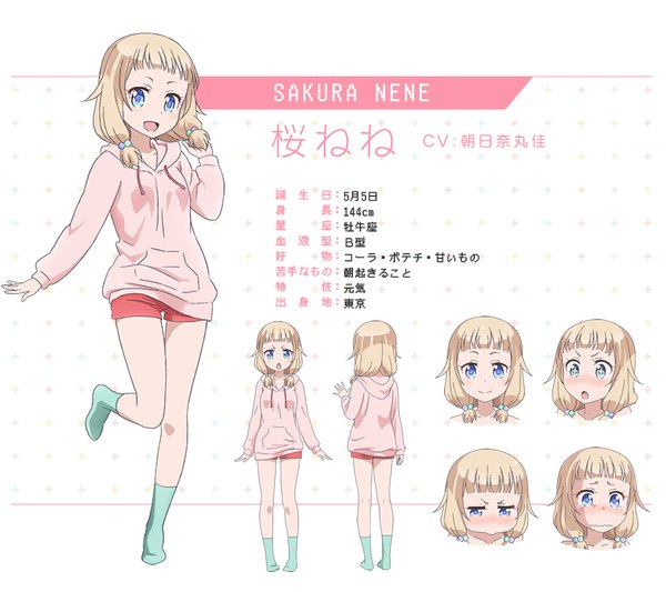Anime picture 900x800 with new game! doga kobo sakura nene kikuchi ai single blush fringe short hair open mouth blue eyes blonde hair smile standing twintails full body bent knee (knees) official art character names low twintails standing on one leg