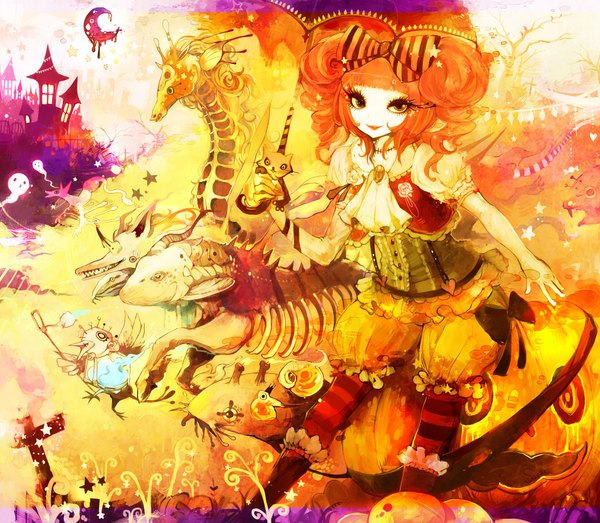 Anime picture 1949x1702 with original houmuari highres smile horn (horns) orange hair striped crescent skeleton girl bow moon star (stars) umbrella monster castle giraffe