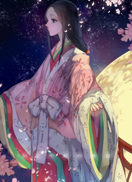 Anime picture 2000x2741 with dj.adonis single long hair tall image highres black hair standing traditional clothes japanese clothes profile black eyes night wide sleeves girl flower (flowers) petals kimono star (stars)
