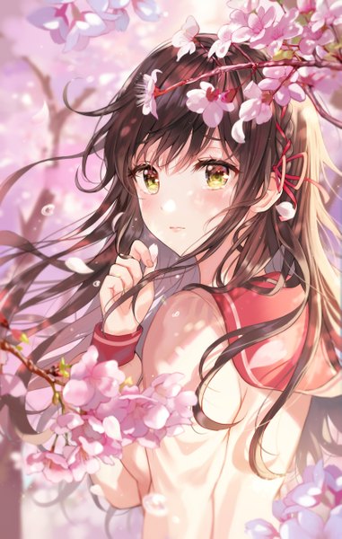 Anime picture 1663x2617 with original tokkyu single long hair tall image looking at viewer blush fringe hair between eyes brown hair holding yellow eyes upper body outdoors braid (braids) long sleeves looking back fingernails wind sunlight