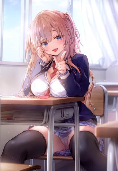 Anime picture 2405x3485 with original kino (kino konomi) single long hair tall image looking at viewer fringe highres breasts open mouth blue eyes light erotic blonde hair smile hair between eyes large breasts sitting indoors long sleeves head tilt