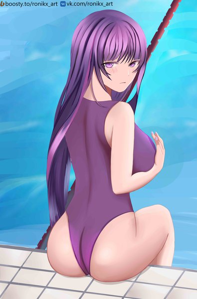 Anime picture 5002x7589 with genshin impact raiden shogun ronikx art single long hair tall image looking at viewer blush fringe highres breasts light erotic large breasts sitting purple eyes signed absurdres purple hair ass blunt bangs