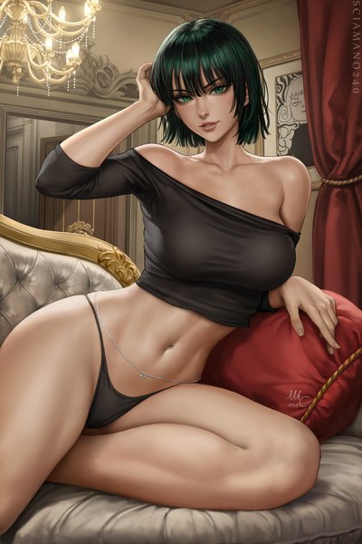 Anime picture 2000x3000 with one-punch man madhouse tatsumaki fubuki (one-punch man) sciamano240 single tall image looking at viewer fringe highres short hair breasts light erotic smile hair between eyes large breasts sitting bare shoulders green eyes signed
