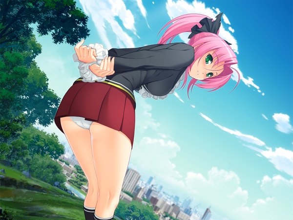Anime picture 1600x1200 with sumaga spica tsuji santa light erotic smile sky pantyshot upskirt underwear panties