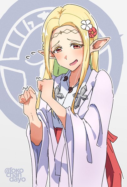 Anime picture 1440x2130 with edomae elf eldali ilma fanomenel rokochan single long hair tall image blush open mouth blonde hair red eyes signed traditional clothes :d japanese clothes pointy ears twitter username miko flying sweatdrops girl magatama