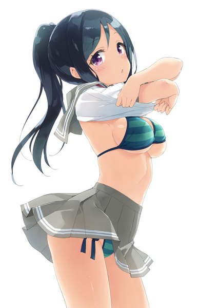Anime picture 765x1080 with love live! sunshine!! sunrise (studio) love live! matsuura kanan kani biimu single long hair tall image looking at viewer blush fringe breasts light erotic black hair simple background large breasts white background purple eyes ponytail parted lips