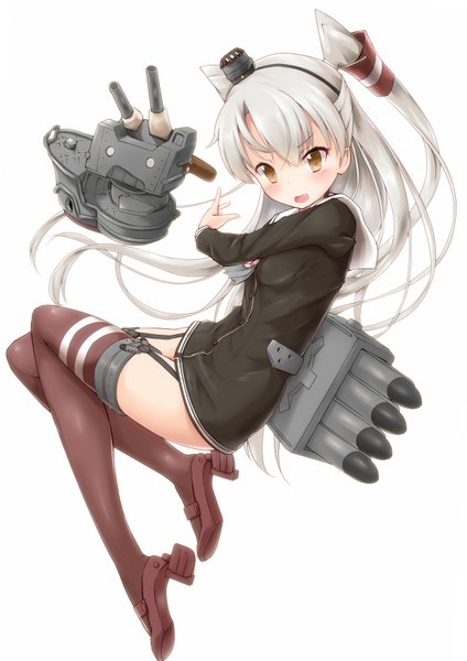 Anime picture 1240x1753 with kantai collection amatsukaze destroyer rensouhou-kun asahi (ge nyu) single long hair tall image blush fringe open mouth light erotic simple background hair between eyes white background yellow eyes payot looking away silver hair bent knee (knees) long sleeves