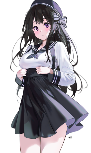 Anime picture 1400x2347 with hyouka kyoto animation chitanda eru mery (yangmalgage) single long hair tall image looking at viewer blush fringe black hair simple background standing white background purple eyes signed looking away long sleeves parted lips sailor collar