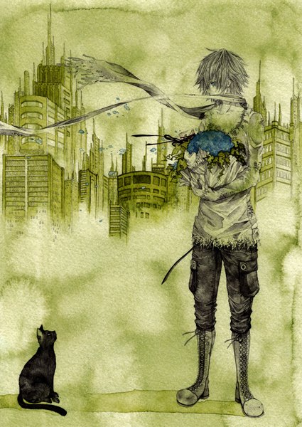 Anime picture 2464x3476 with original bouno satoshi tall image highres short hair blue eyes absurdres grey hair city boy flower (flowers) petals scarf building (buildings) thigh boots cat bouquet