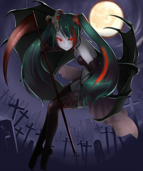 Anime picture 1000x1190 with vocaloid hatsune miku takebi long hair tall image smile red eyes sitting twintails nail polish multicolored hair green hair night bat wings demon monsterification girl thighhighs gloves navel