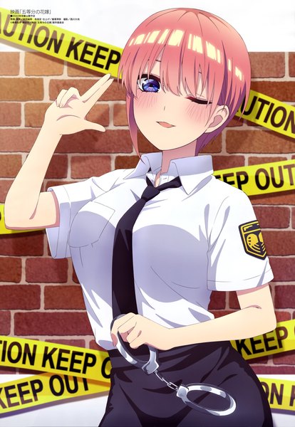 Anime picture 4087x5927 with go-toubun no hanayome megami magazine nakano ichika maeda tsumugi single tall image looking at viewer blush fringe highres short hair open mouth blue eyes hair between eyes standing holding pink hair absurdres upper body one eye closed