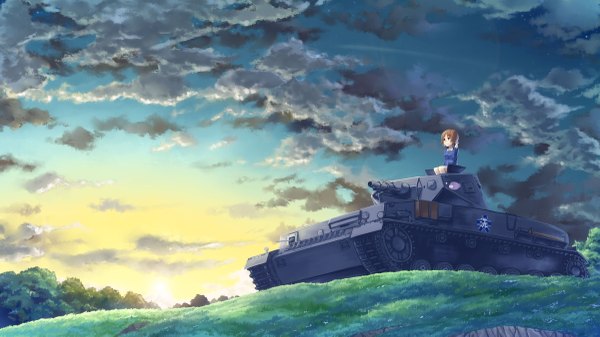 Anime picture 4800x2700 with girls und panzer nishizumi miho h kasei highres short hair smile brown hair wide image sitting brown eyes absurdres cloud (clouds) light smile landscape girl plant (plants) tree (trees) star (stars) grass ground vehicle