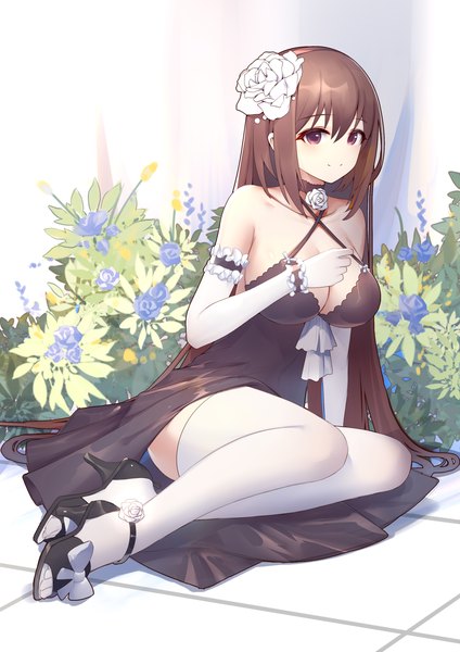 Anime picture 2480x3508 with princess connect! re:dive princess connect! yui (princess connect!) yui (real) (princess connect!) you yi yisheng ai single long hair tall image fringe highres breasts light erotic smile hair between eyes brown hair large breasts sitting bare shoulders brown eyes payot