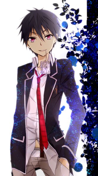 Anime picture 500x900 with trinity seven kasuga arata tsukimori usako single tall image looking at viewer fringe short hair black hair smile hair between eyes white background purple eyes holding parted lips mouth hold hand in pocket boy uniform school uniform