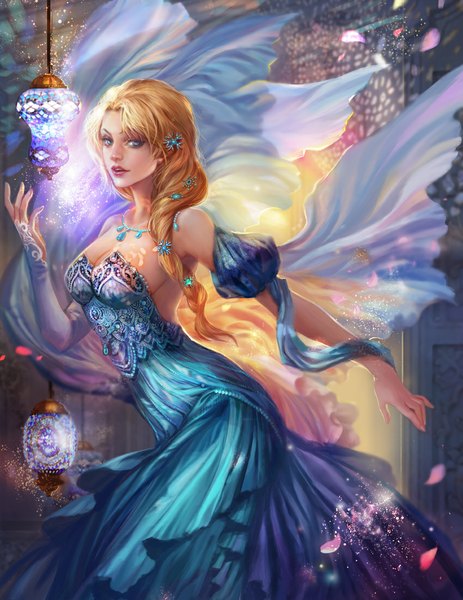 Anime picture 850x1100 with frozen (disney) disney elsa (frozen) jiuge single long hair tall image looking at viewer open mouth blue eyes blonde hair bare shoulders realistic puffy sleeves glowing girl dress hair ornament detached sleeves petals