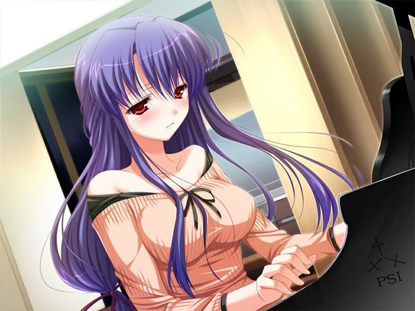 イラスト 1024x768 と sacred vampire (game) 長髪 赤面 おっぱい light erotic 赤い目 大きな乳房 肩出し game cg purple hair 女の子 piano