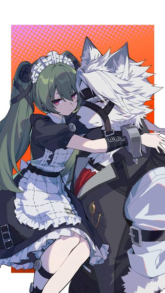 Anime picture 2162x3842 with zenless zone zero corin wickes von lycaon slyvia long hair tall image looking at viewer fringe highres simple background hair between eyes red eyes twintails green eyes animal ears bent knee (knees) white hair nail polish fingernails green hair