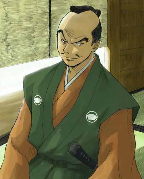 Anime picture 1143x1420 with hyouge mono furuta sasuke kuro04 single tall image black hair light smile samurai boy weapon sword katana mustache