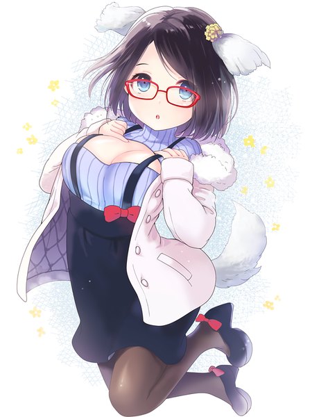 Anime picture 600x800 with original occhan single tall image looking at viewer short hair open mouth blue eyes black hair animal ears tail animal tail girl flower (flowers) pantyhose glasses turtleneck open-chest turtleneck