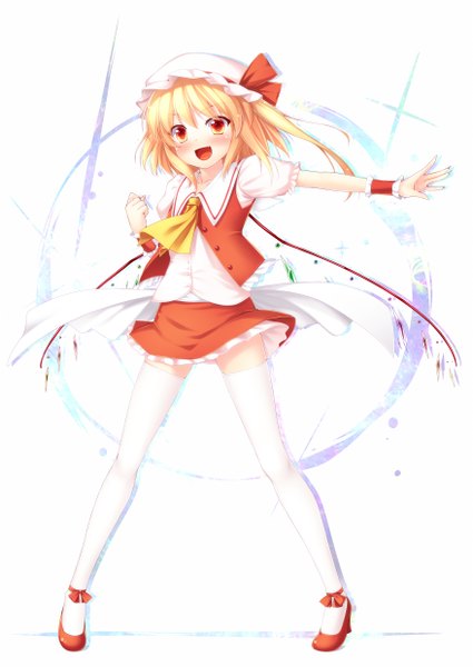Anime picture 1755x2480 with touhou flandre scarlet nullken single tall image blush highres short hair open mouth simple background blonde hair red eyes white background girl thighhighs dress skirt white thighhighs wings bonnet