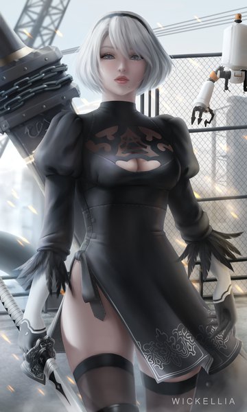 Anime picture 3000x5000 with nier nier:automata yorha no. 2 type b pod (nier:automata) wickellia single tall image looking at viewer fringe highres short hair breasts hair between eyes holding signed sky silver hair outdoors lips realistic