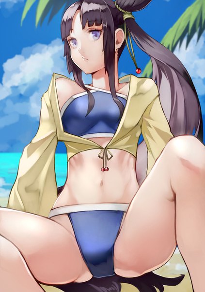Anime picture 1058x1500 with fate (series) fate/grand order ushiwakamaru (fate) ushiwakamaru (swimsuit assassin) (fate) yoshio (55level) single tall image looking at viewer light erotic black hair sitting purple eyes payot sky cloud (clouds) very long hair spread legs beach side ponytail girl