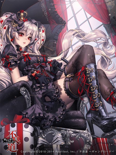 Anime-Bild 750x1000 mit furyou michi ~gang road~ kutsumiya yuuzuki love cacao single long hair tall image looking at viewer red eyes sitting twintails silver hair girl thighhighs dress gloves hair ornament bow black thighhighs hair bow earrings