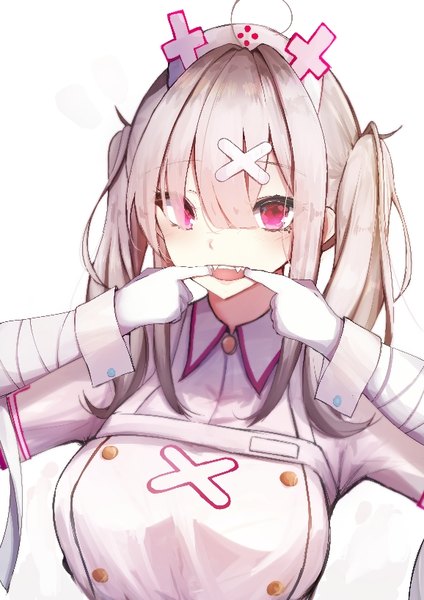 Anime picture 578x818 with virtual youtuber nijisanji sukoya kana ur9750 single long hair tall image fringe open mouth simple background hair between eyes white background twintails upper body ahoge pink eyes grey hair nurse finger in mouth girl