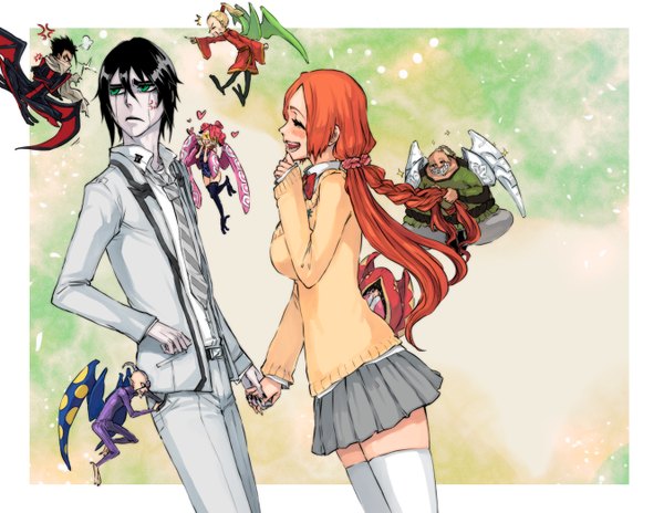 Anime picture 1350x1046 with bleach studio pierrot inoue orihime ulquiorra schiffer ayame (bleach) shuno (bleach) baigon (bleach) hinagiku (bleach) lily (bleach) tsubaki (bleach) rusky long hair blush short hair open mouth black hair green eyes braid (braids) eyes closed profile