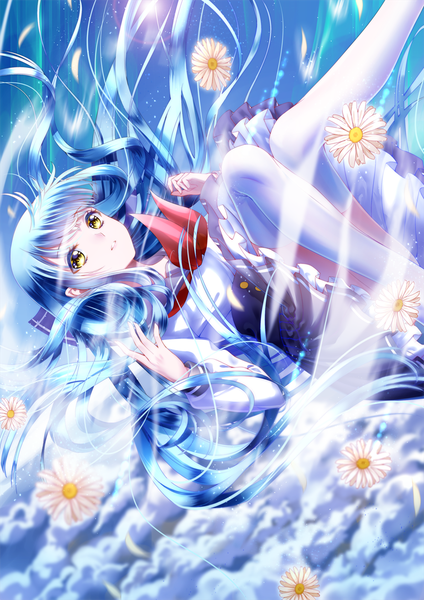 Anime picture 800x1131 with original haneru single long hair tall image looking at viewer fringe smile yellow eyes blue hair sky cloud (clouds) bent knee (knees) parted lips sunlight falling girl thighhighs uniform flower (flowers)