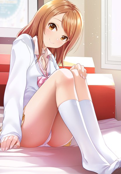 Anime picture 900x1300 with idolmaster idolmaster cinderella girls houjou karen kazu single long hair tall image looking at viewer blush fringe light erotic smile brown hair sitting brown eyes payot full body bent knee (knees) head tilt fingernails