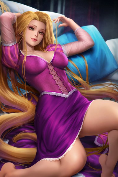 Anime picture 2400x3597 with tangled disney rapunzel nudtawut thongmai single tall image looking at viewer highres breasts light erotic blonde hair smile large breasts brown eyes bent knee (knees) lying very long hair head tilt barefoot lips