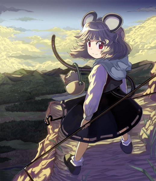 Anime picture 1035x1200 with touhou nazrin shope single tall image fringe short hair smile red eyes standing holding animal ears sky cloud (clouds) full body outdoors tail blunt bangs animal tail looking back