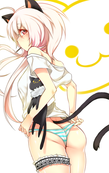 Anime picture 600x950 with original fuya (tempupupu) single long hair tall image fringe light erotic simple background red eyes white background animal ears ass white hair tail animal tail looking back from behind cat ears cat girl cat tail