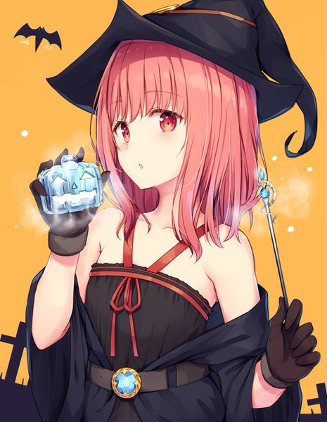 Anime picture 1086x1400 with original tsuchikure (3105mitoko) single long hair tall image looking at viewer blush fringe simple background hair between eyes red eyes standing bare shoulders holding pink hair parted lips off shoulder wide sleeves halloween halterneck