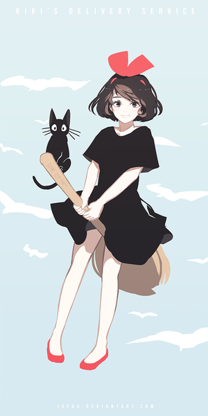 Anime picture 540x1080 with kiki's delivery service studio ghibli kiki jiji yueko (jiayue wu) single tall image looking at viewer short hair brown hair full body copyright name broom riding girl dress bow hair bow animal black dress cat