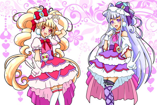 イラスト 2700x1800 と プリキュア hugっと!プリキュア 東映アニメーション ルールー・アムール 愛崎えみる キュアアムール キュアマシェリ purimemo カメラ目線 赤面 前髪 highres 開いた口 金髪 笑顔 立つ 紫目 ツインテール 肩出し multiple girls