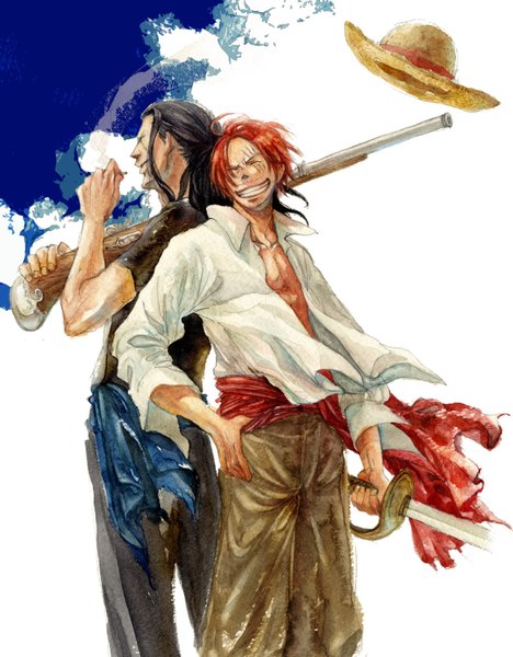 Anime picture 1169x1500 with one piece toei animation shanks benn beckman kusaco (artist) tall image short hair black hair red hair eyes closed scar back to back traditional media watercolor (medium) boy hat shirt sword gun straw hat