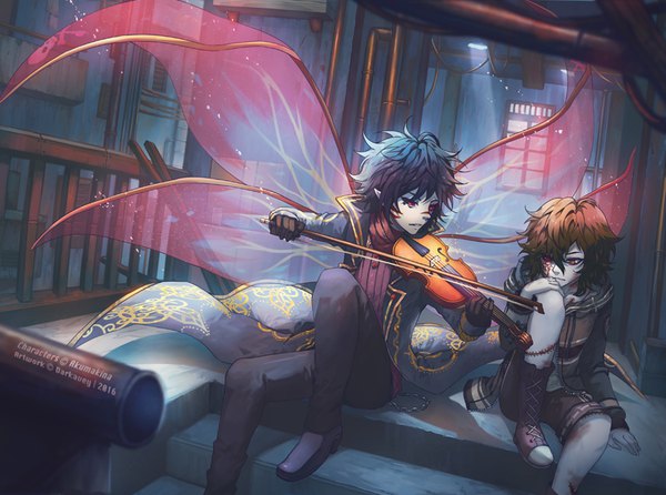 Anime picture 900x670 with original darkavey short hair red eyes brown hair sitting signed blue hair bent knee (knees) pointy ears multiple boys turning head light scar pale skin hand on knee playing instrument grey skin boy wings