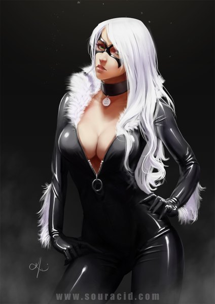 Anime picture 666x942 with marvel comics black cat (felicia hardy) souracid (artist) single long hair tall image looking at viewer breasts light erotic large breasts green eyes signed cleavage white hair realistic fur trim hand on hip black background unzipped latex