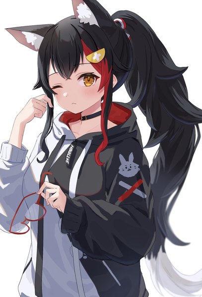 Anime picture 1837x2710 with virtual youtuber hololive ookami mio ookami mio (3rd costume) mei am0 single long hair tall image highres black hair simple background white background animal ears yellow eyes ponytail one eye closed multicolored hair streaked hair official alternate costume wolf ears