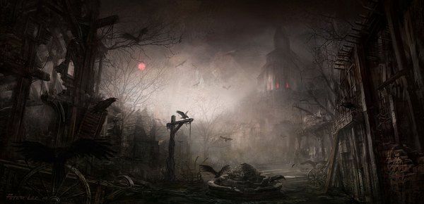 Anime picture 1600x774 with diablo (game) blizzard entertainment peter lee wide image city dark background flying landscape fog red moon animal bird (birds) building (buildings) moon crow