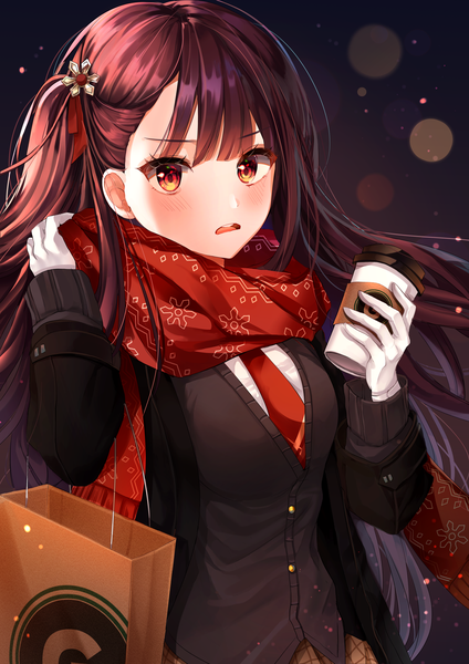 Anime picture 4000x5658 with girls frontline wa2000 (girls frontline) myowa single long hair tall image blush highres open mouth brown hair yellow eyes absurdres upper body one side up lens flare adjusting clothes snowflake print girl gloves hair ornament