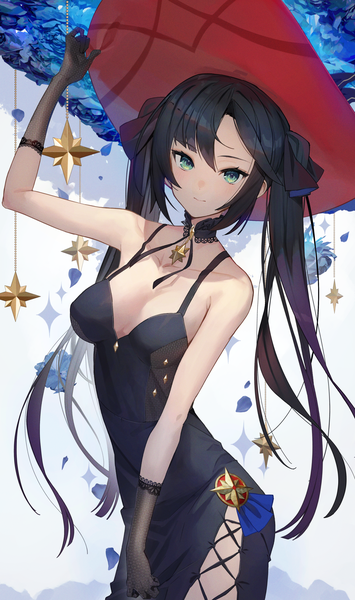 Anime picture 1480x2500 with genshin impact mona megistus scottie (phantom2) single long hair tall image looking at viewer blush fringe light erotic black hair hair between eyes standing twintails bare shoulders payot cleavage arm up aqua eyes side slit
