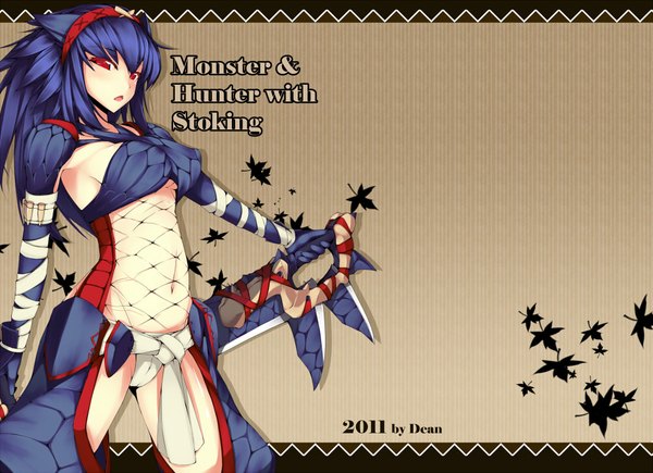 Anime picture 1000x726 with monster hunter monster hunter (character) nargacuga (armor) dean single long hair breasts open mouth light erotic red eyes large breasts blue hair midriff girl navel underwear panties sword