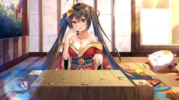 Anime picture 1904x1071 with azur lane taihou (azur lane) chahei single blush fringe highres breasts open mouth light erotic black hair hair between eyes red eyes wide image large breasts sitting twintails bare shoulders payot cleavage
