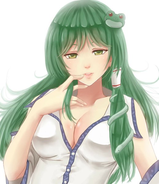 Anime picture 1200x1388 with touhou kochiya sanae x&x&x single long hair tall image looking at viewer breasts simple background white background green eyes green hair girl hair tubes