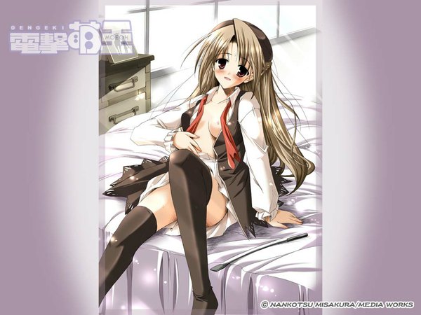 Anime picture 1024x768 with dengeki moeou misakura nankotsu light erotic open clothes open shirt wallpaper thighhighs