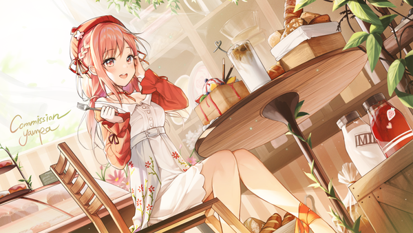 Anime picture 1422x800 with virtual youtuber indie virtual youtuber nini yuuna yampa single long hair blush fringe open mouth smile wide image sitting holding looking away pink hair braid (braids) :d pink eyes dutch angle girl