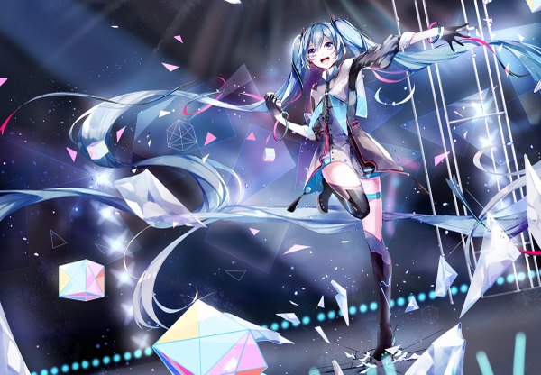 Anime picture 1200x833 with vocaloid magical mirai (vocaloid) hatsune miku magical mirai miku magical mirai miku (2015) mamenomoto single looking at viewer fringe open mouth standing purple eyes twintails blue hair very long hair arm up outstretched arm standing on one leg happy reflection